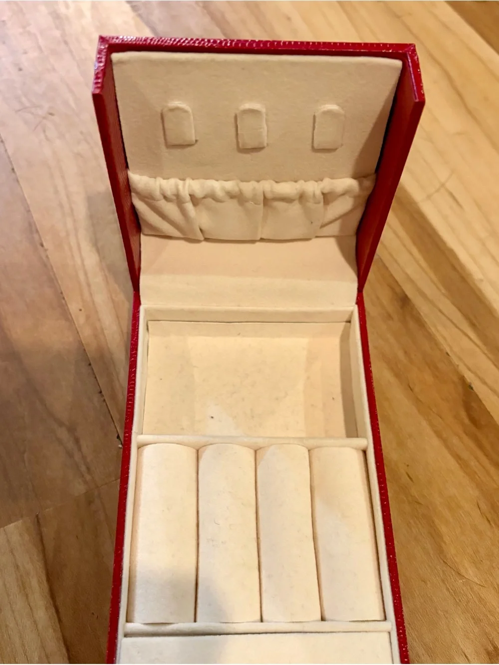 Red Faux Leather Jewelry Box, Foldout with Gold Trim for Travel or Home